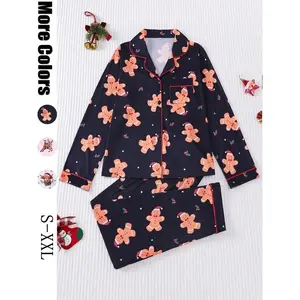 christmas Pyjamas Women's Set, Santa & Reindeer Print, Long Sleeve Button Front Shirt, Elastic Pants, Casual Home Wear Pajama Set