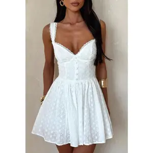 .Sweetheart Neckline Eyelet Lace Mini Dress | Flattering A-Line Summer Dress for Date & Vacation