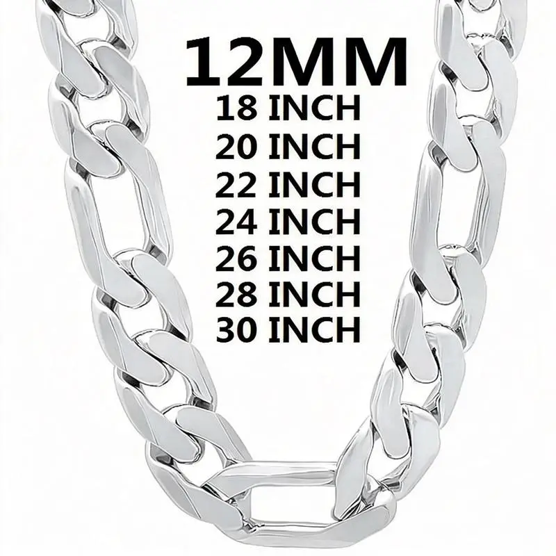 Figaro Chain (6mm-12mm) | 925 Sterling Silver Plated Necklace | Trendy Women & Men Jewelry | Strong Solid Clasp Gift with Plated Lobster Clasp | 19.68" - 29.52" Valentine's Gift