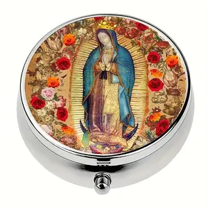 Saint Mary Metal Medicine Box with 3 Compartments, Religious Drug Storage, Flower Design, Perfect for Travel, Pockets, Wallets, Unique Gift