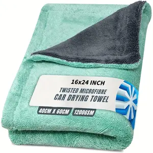 Extra Large Microfiber Car Drying Towel, 16x24 Inch, Super Absorbent 1200gsm, Quick Dry, Soft, Twisted Loop, 100% Microfiber, Green/Grey