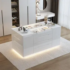 FUFU&GAGA Modern White Armoire Bedroom Island with 16 Drawers & Glass Tabletop Jewelry Organizer for Cloakroom Storage Cupboard