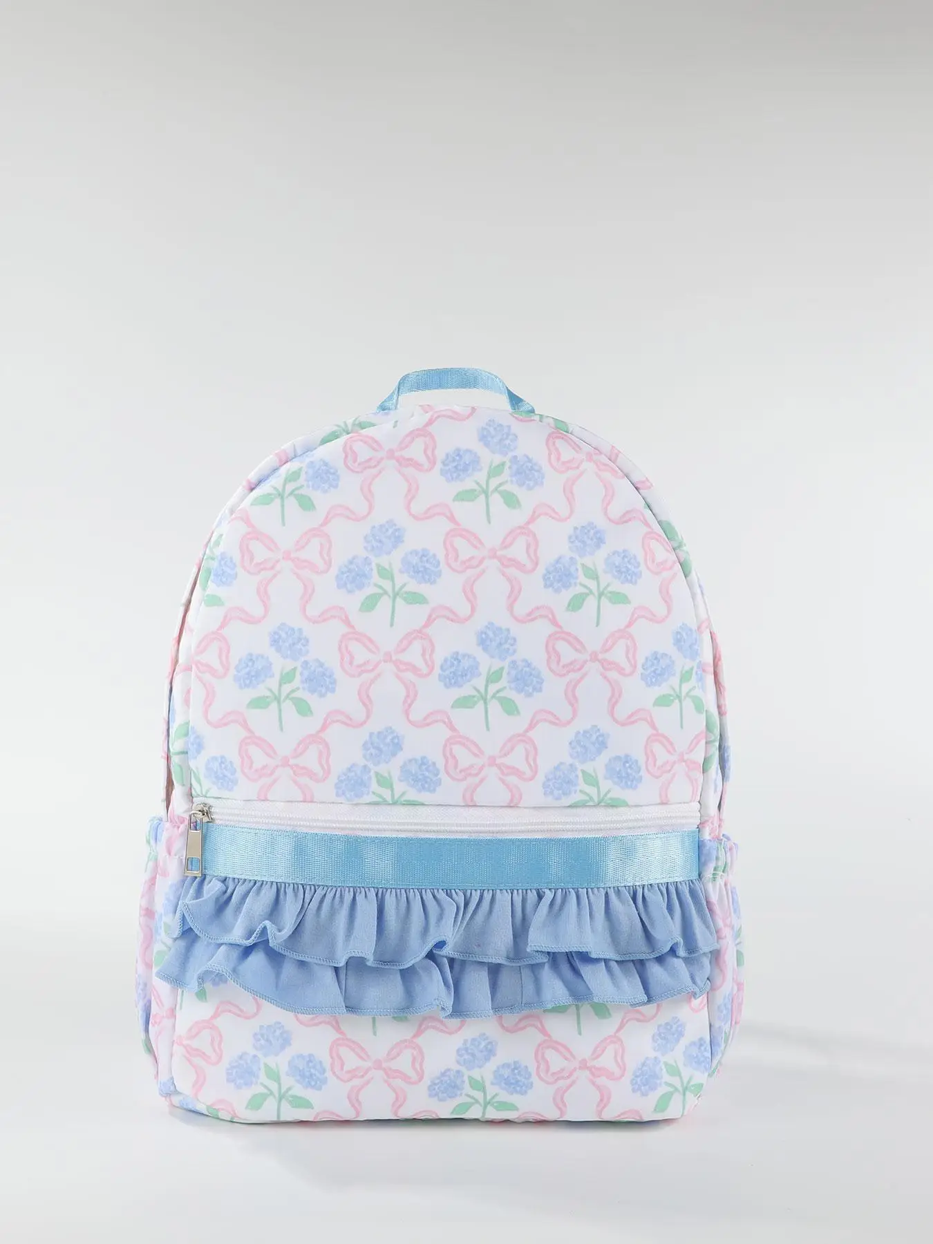 Floral & Bow Pattern Ruched Design Backpack, Casual Large Capacity Backpack for Women & Girls, Fashionable Backpack for Daily Use