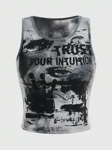 ROMWE Grunge Punk Kpop Tie Dye Eye & Letter Graphic Tank Top, School