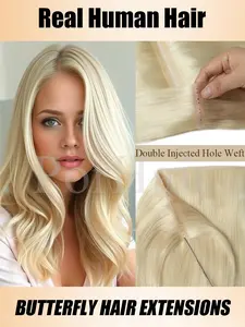 12-20 Inches PU Invisible Weft Hair Extensions Human Hair Butterfly Hair Extensions Micro Bead Hole Weft Hair Extensions Real Human Hair Microlink No Tape in Hair Extension Highlight Blonde Brown Human Hair Extensions