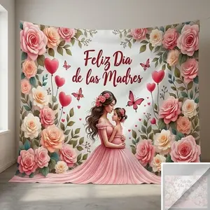 1 PC 2D Flat Banner Backdrop Mother's Day Theme Pink Roses Floral Mother and Daughter Embrace Photography Background for Party Decor