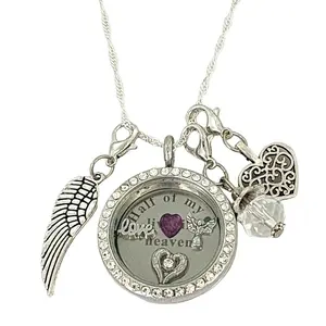Half of My Heart Lives in Heaven Stainless Steel Crystal & Glass Memorial Locket Necklace with Angel, Love, Wings Locket Charms and Wing, Scrollwork Heart & Bead Dangle Charms