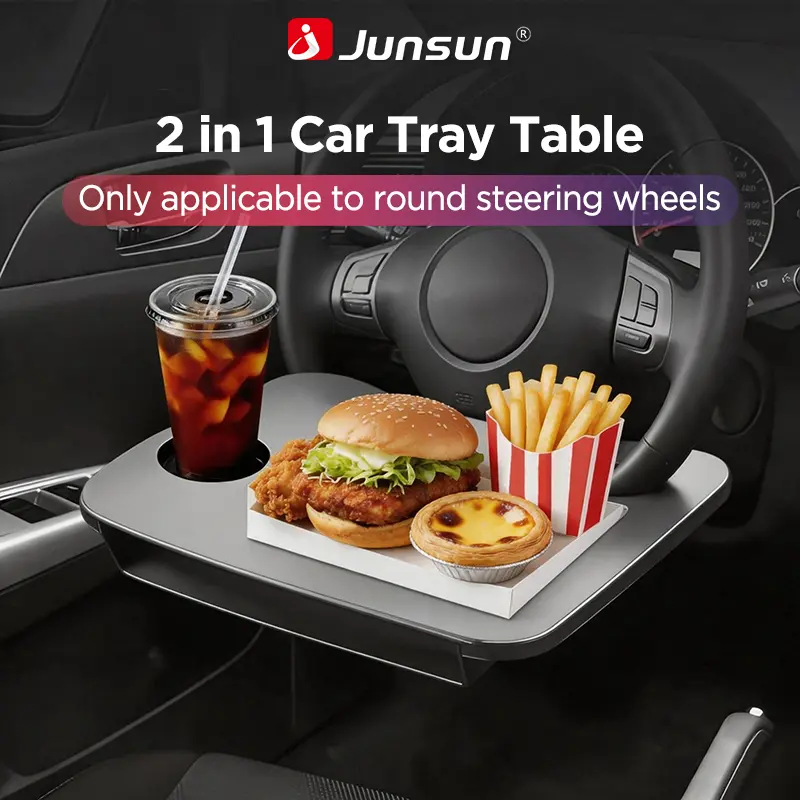 Junsun Multifunctional Steering Wheel Desk with Storage Organizer  2-in-1 Car Tray Table for Eating, Working, Laptop, and Cell Phone (compatible with steering wheel thickness less than 39mm