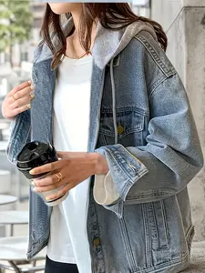 Women'S New Denim Jacket with Hood, Slim Fit, Vintage Denim Jacket Hoodie, Fashionable and Versatile Blue Casual