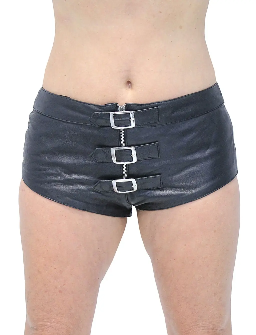 JAMIN LEATHER® Buckle Front Leather Skimpy Hot Pants #SH31090BUK (20) - Black Lambskin Shorts with Triple Buckle Straps & Silver Zipper - Summer Womenswear Bottom