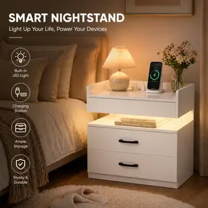 Ler BedsiED Nightstand with Adjustable Light–2-Drawde Table, Large Storage Modern End Table for Bedroom Living Room Small Spaces
