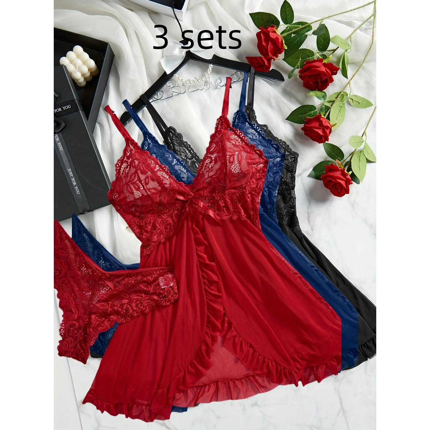 3pcs Lingerie Set For Women, Sexy Red Blue Black Nightgown Made Of Net Fabric, Strap Nightgown, Suitable For Home, Hotel, Valentine'S Day, Sexy Nightgown - TikTok Shop 3pcs Lingerie Set For Women, Sexy Red Blue Black Nightgown Made Of Net Fabric, Strap Nightgown, Suitable For Home, Hotel, Valentine'S Day, Sexy Nightgown - TikTok Shop