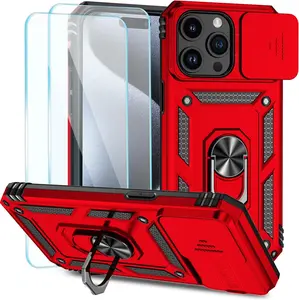 SunStory iPhone 15 Pro Case with HD Screen Protector, Slide Camera Cover, Rotatable Ring Kickstand - Military-Grade Smartphone Accessory for Cellphone & Handheld Devices (Red)