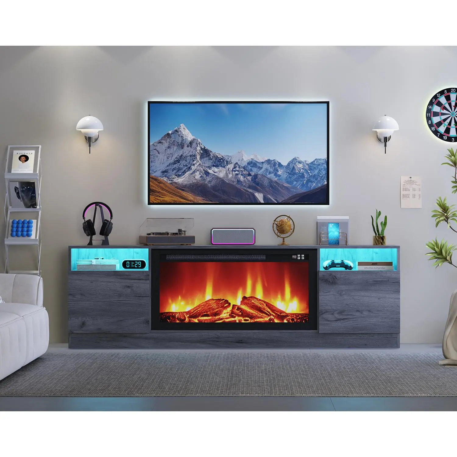 70-in Rectangular Gray Wooden TV Stand with LED Lights, Storage Cabinets & Open Shelves for Living Room Decor, Fits Up to 75-in TVs & 36-in Electric Fireplace (Fireplace Not Included)