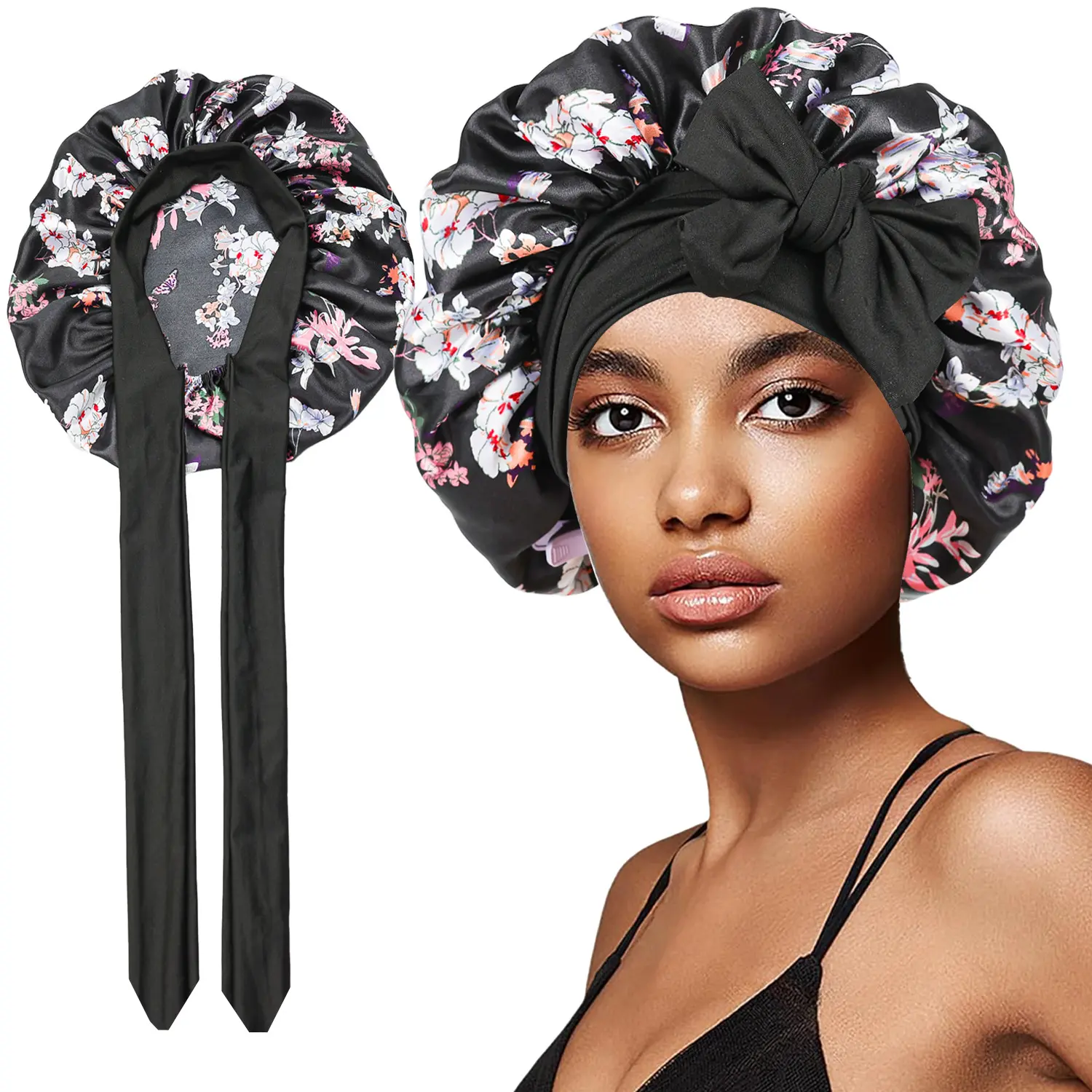 Floral Print Satin Hair Bonnet with Two Long Tie Straps, Elastic Night Sleep Cap, Women Silk Hair Protection Head Wrap