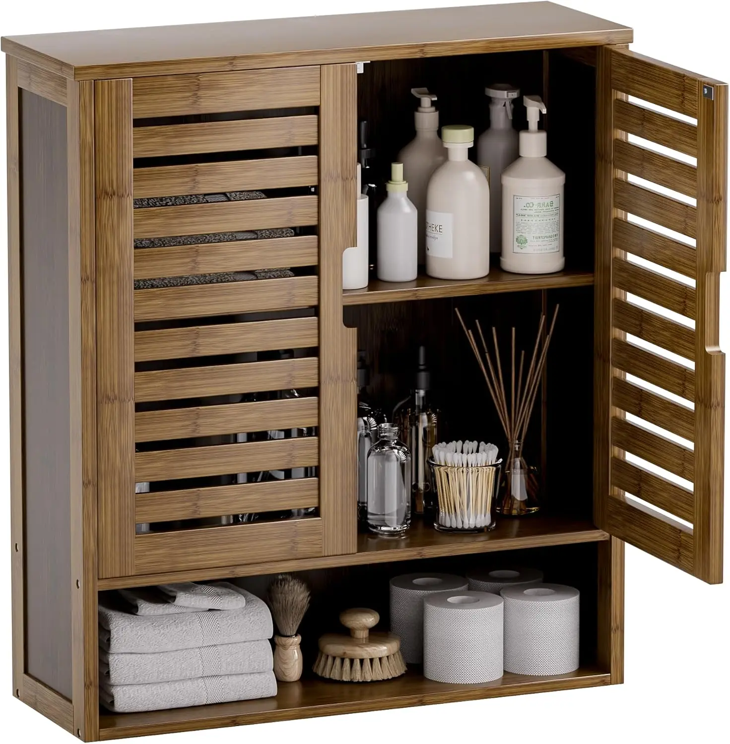 Walnut Brown Wall-Hanging Single Unit Rectangular Bathroom Cabinet - Over-The-Toilet Minimalist Decluttering Storage Organizer, Durable Space Saver with 2 Doors, Adjustable Shelves, Easy Setup, Assembly Required