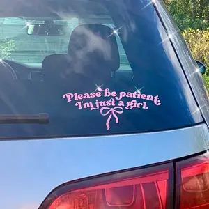 1PC "Please Be Patient I'm Just a Girl" Vinyl Car Stickers Decal for cars, Car Decorative Sticker - Fantasy Theme with Cute Bows, Feminine, Irregular Smooth Shape, Self-adhesive, Rear Window Decals Vehicle Exterior Decoration, Car Accessories Women
