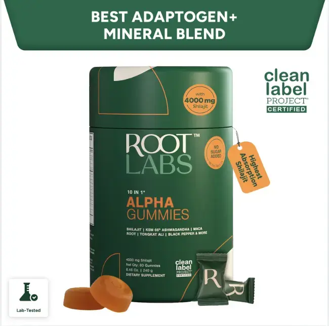 ROOT LABS 4000mg Himalayan Shilajit Gummies, No-Sugar Adaptogen Complex with KSM-66 Ashwagandha, Tongkat Ali, Gokshura, 75%+ Fulvic Acid, 85 Trace Minerals, Lab-Tested Supplement for Men & Women (Energy, Stamina, Vitality), 60 Count adaptogen gummies