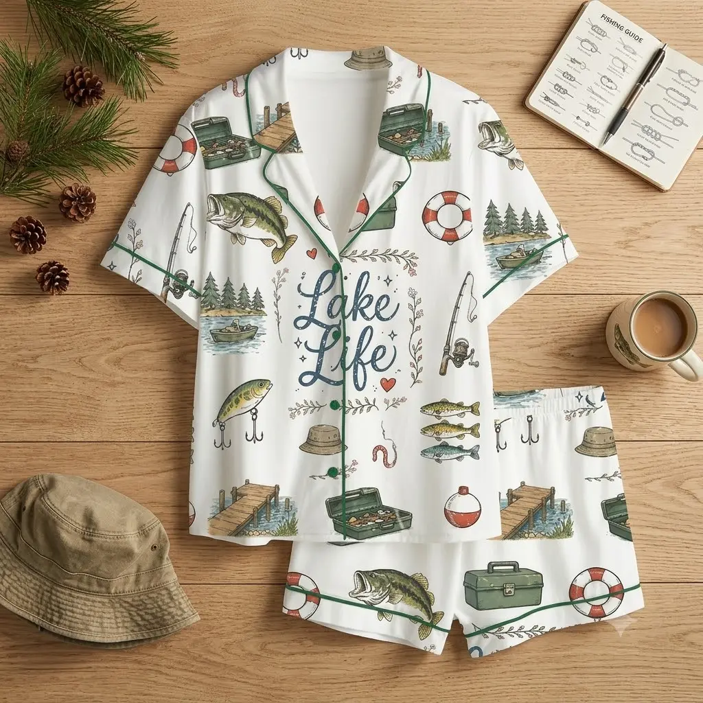 Lake Life Pajama Set, Vintage Fishing Lounge Set, Cozy Cabin Vacation Sleepwear Gift, Women Summer PJs, Vintage Fishing Print Pajamas, Lake Life Sleepwear for Women, Cozy Cabin Vacation Lounge Set, Outdoor Aesthetic PJs