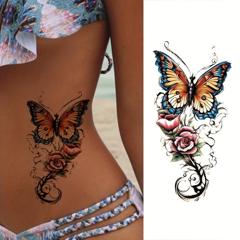Butterfly Temporary Tattoos - 6-Sheet PVC Glitter Solid Set, 3 Fixed & 3 Assorted Designs, Unscented Safe, Multicolored Butterflies & Roses, Bold Body Art, Waterproof, Sweatproof, Suitable for Children’s Arms & Thighs