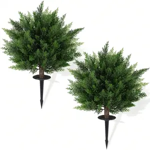 2026 New 2PCS 28.35" Artificial Cedar Topiary Ball Trees With Ground Spike Outdoor Indoor Faux Boxwood Bush Plants Artificial Cypress Topiary Tree Evergreen Shrubs Bushes For Room Front Porch Garden Backyard Decor