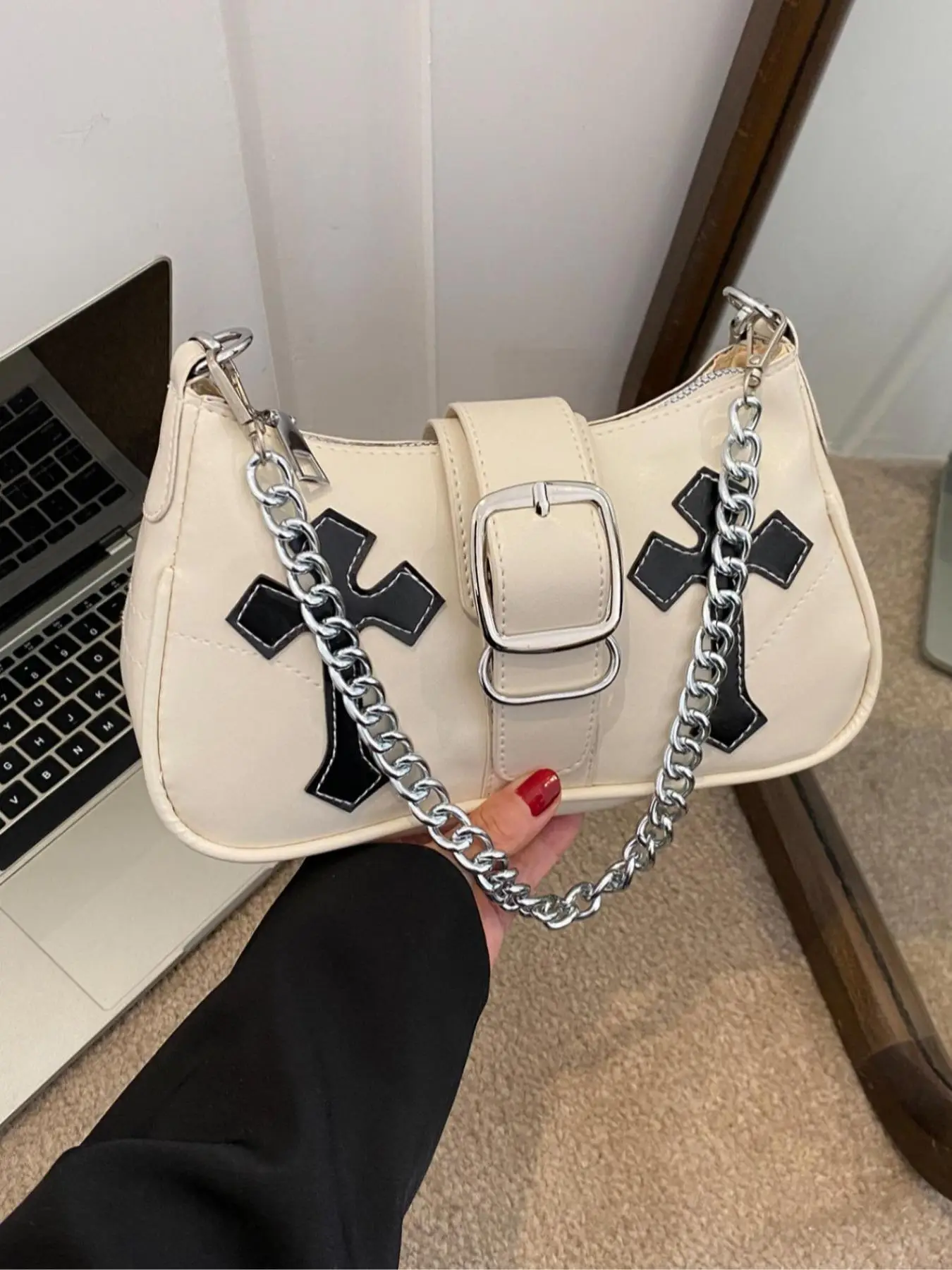 Women's Fashionable Cross Patched Shoulder Bag, Fashionable Crossbody Bag, Stylish Chain Bags, Casual Trendy Versatile High-quality Daily Elegant Comm