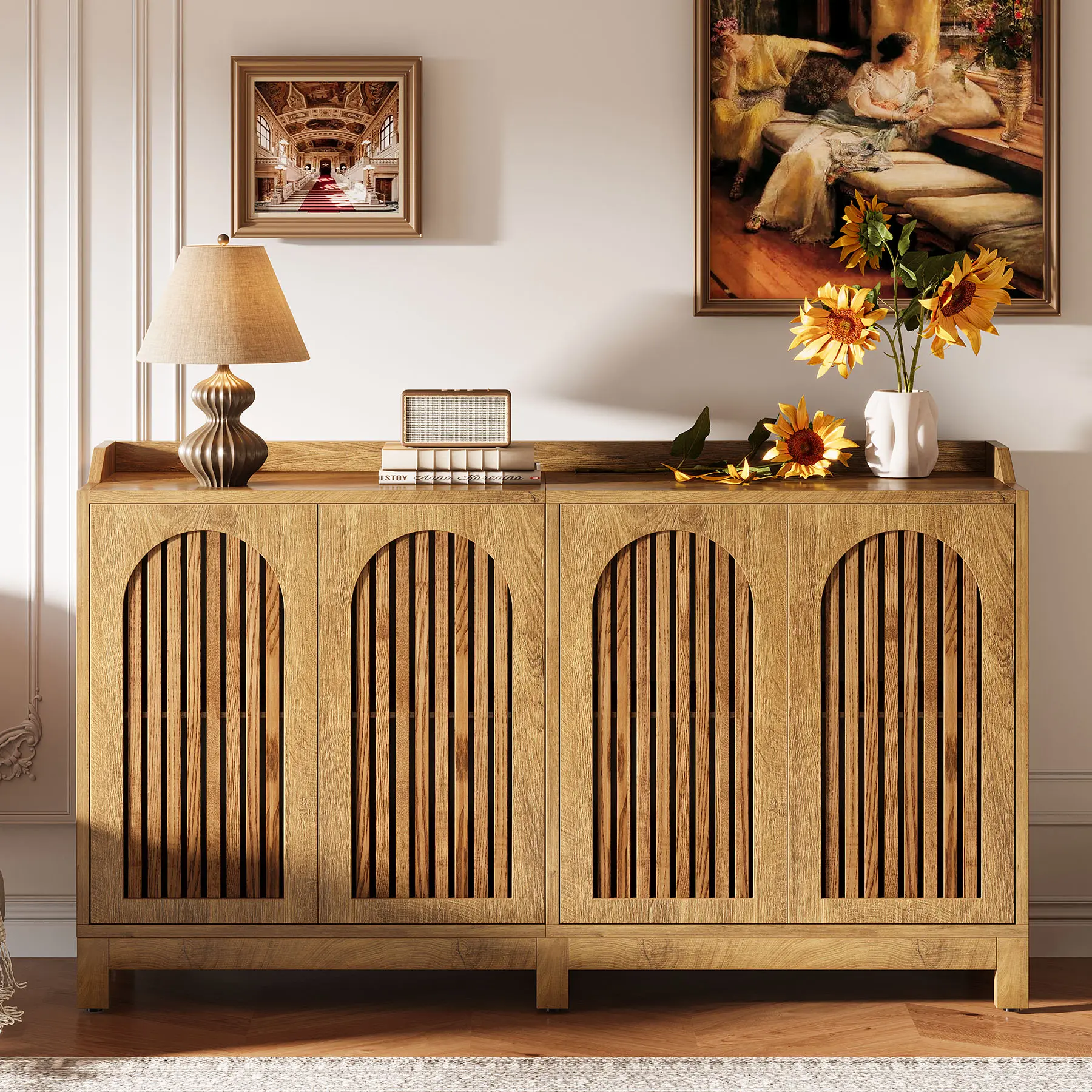 LITTLE TREE 57" Buffet Cabinet with Storage, Long Sideboard Cabinet with Doors & Adjustable Shelves, Wood Accent Sideboard for Dining Room, Living Room, Kitchen, Walnut Brown