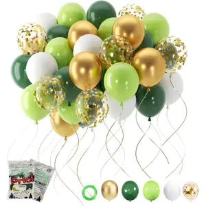 Green and Gold Balloons, 60 PCS 12 Inches Dark Light Green Balloons Metallic Chrome Gold Confetti Balloon White Latex Ballons for Birthday Jungle Safari Theme Decorations
