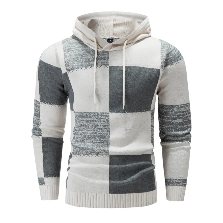 Men's Casual Hooded Sweatshirt, Fitted Color Block Pullover with Long Sleeves in Durable Polyester Knitting, Patchwork