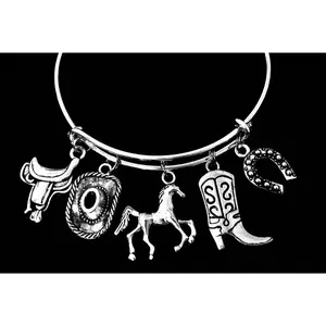 Horse Charm Bracelet Horse Jewelry Expandable Adjustable Bangle Horseshoe Saddle Cowboy Hat Cowboy Boot One Size Fits All Gift