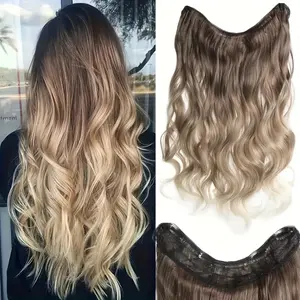 Women's Clip-in Hair Extensions - Dark Brown to Blonde Gradient Long Wavy Synthetic Fiber Wig, Natural and Fluffy for Daily and Party Use, Elegant Multi-Ethnic Style, Easy to Apply Makeup