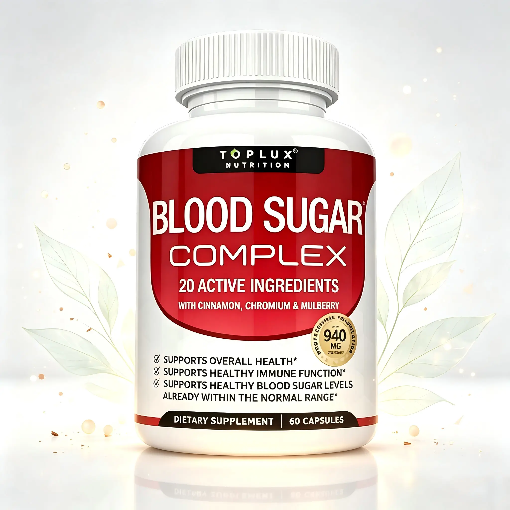 Blood Sugar Support Complex Supplement | 20 Natural Herbs & Vitamins with Cinnamon, Non-GMO Vegan Formula for Men & Women, 60 Capsules