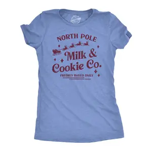 Womens North Pole Milk and Cookie Co T Shirt Funny Xmas Bakery Shop Joke Tee for Ladies Funny Womens T Shirts Cute Vintage Fashion Casual Ladies T-Shirt Gift Christmas Tops for Women Funny Food Top Women's Light Blue