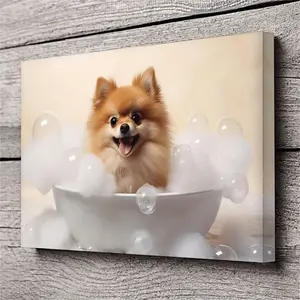 Framed Pomeranian Puppy Bath Canvas Wall Art - Vintage Animal Theme, Minimalist Dog Print, Suitable for Bedroom, Living Room, Nursery, Bathroom - Pine Wood Frame, Indoor Use, Can Be Hanged Directly, Dog Decoration
