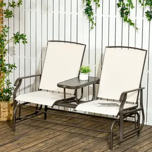 Outsunny Outdoor Glider Bench with Center Table, Metal Frame Patio Loveseat with Breathable Mesh Fabric and Armrests for Backyard Garden Porch