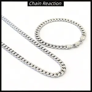 2pcs 925 Sterling Silver plated 7mm  Cuban Curb Link Chain Necklace & Bracelet For Men Lobster Clasp  19.68~23.62inches Valentine's gift