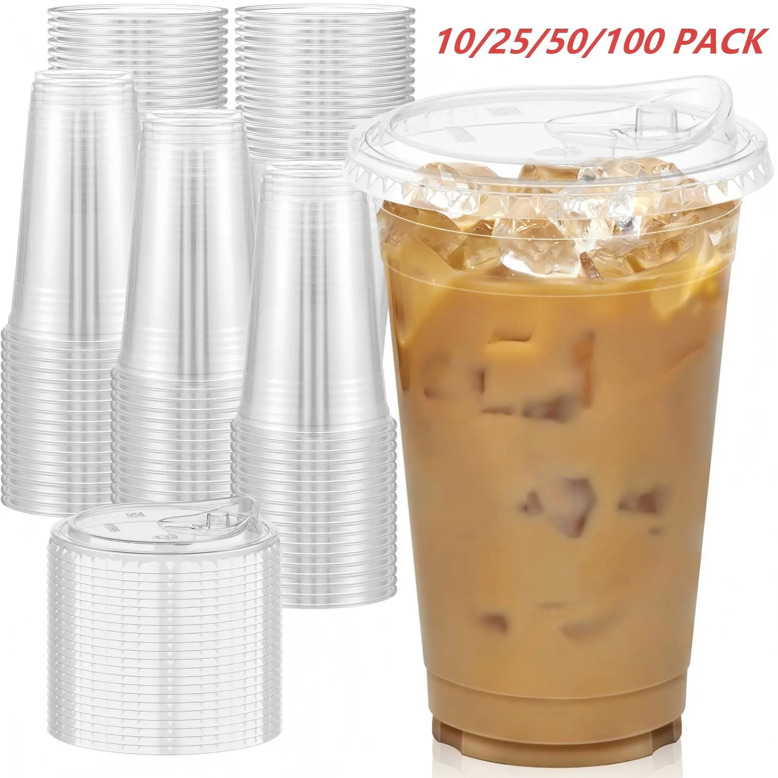 24oz Ice Coffee Cup with Lid, Plastic Clear Cups, Bulk Plastic Cups, Party Cups, Beverage Cups, Drinking Cups, Transparent Plastic Disposable Cups, No Straw Reusable for Parties Weddings Events Drinks, Party Pack