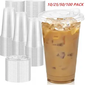24oz Ice Coffee Cup with Lid, Plastic Clear Cups, Transparent Plastic Disposable Cups, No Straw Reusable for Parties Weddings Events Drinks