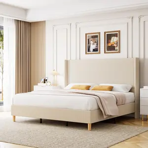 King Size Corduroy Upholstered Bed Frame,Platform Bed with 51" Tall Vertical Stripe Wingback Headboard,No Box Spring Needed/Wooden Slats/Noise Free/Beige