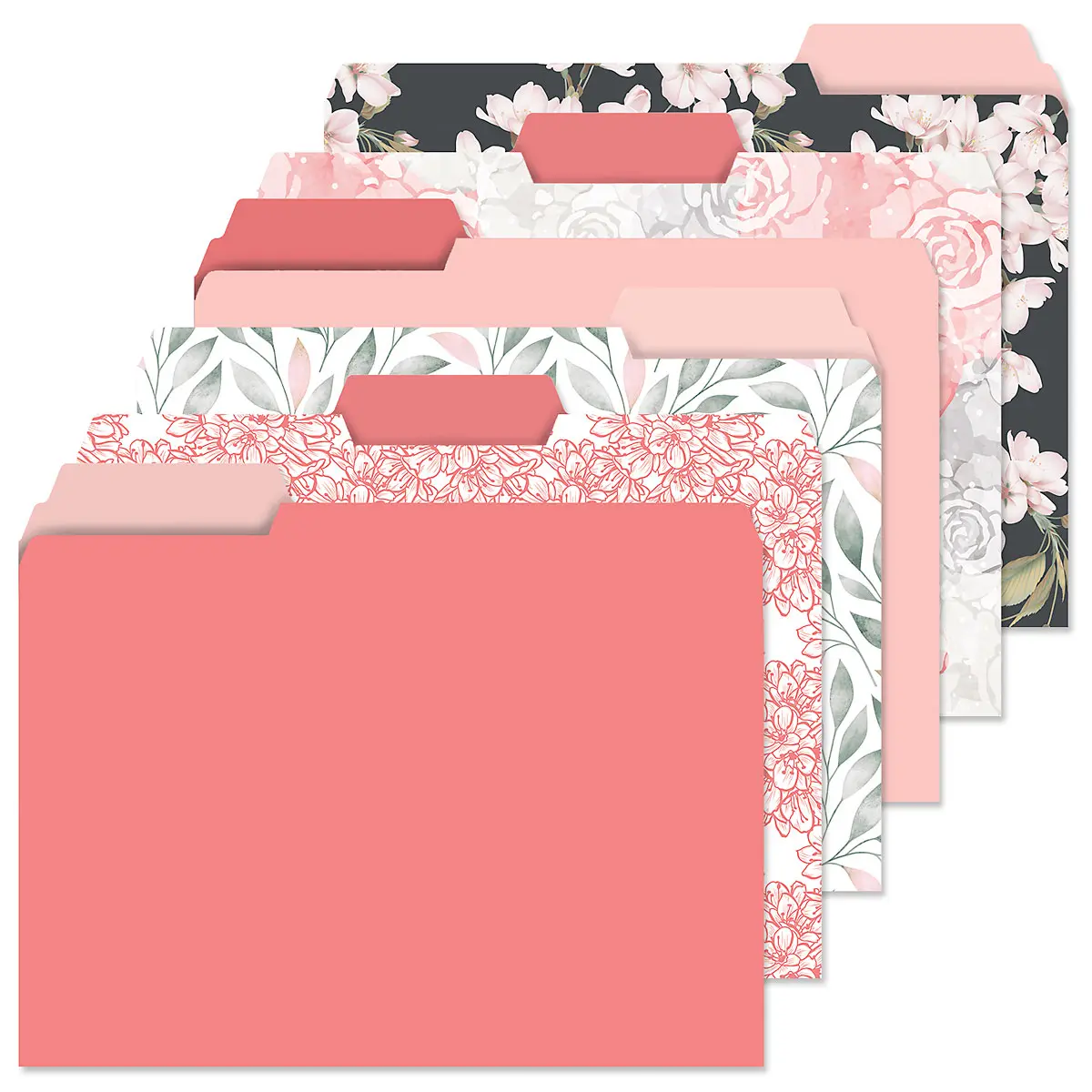 "Lillian Vernon Charcoal & Coral File Folders Value Pack - Bulk Set of 24, 6 Pretty Decorative Designs, 1/3 Cut Tabs, Heavy-Duty Paper Stock, Office Supplies for Home & Work, 9-½” x 11-¾” Letter Size "
