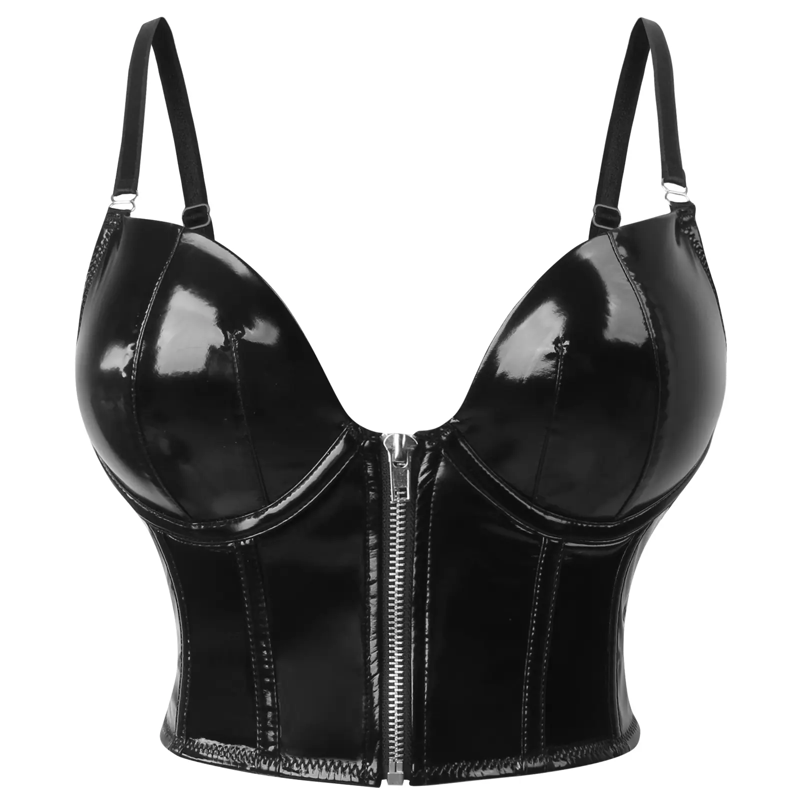 Charmian Women's Punk PU Leather Corset Top - Gothic Sweetheart Push Up Bustier, Short Shapewear with Zipper & Lace-Up Back, Style, Elegance, Compression, Casual, Goth Crop Top