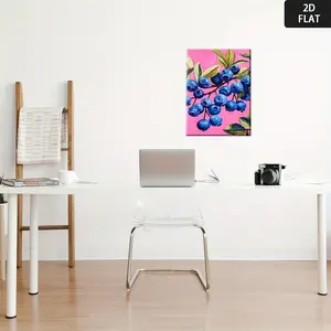 2D Flat, Blueberry Wall Art in Wood Frame - Wrapped Canvas Painting with Black Frame, Pink & Blueberry Fruit Mural for Living Room, Bedroom, Decor - izable Size & Design, Ready-to-Hang Poster (HD Print)	