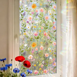 45x100cm Static Cling Glass Film No Glue Removable Vintage Stained Glass Floral Pattern Decorative Window Sticker for Living Room Restaurant Home Decoration Self Adhesive Window Film Reusable Home Renovation Decor