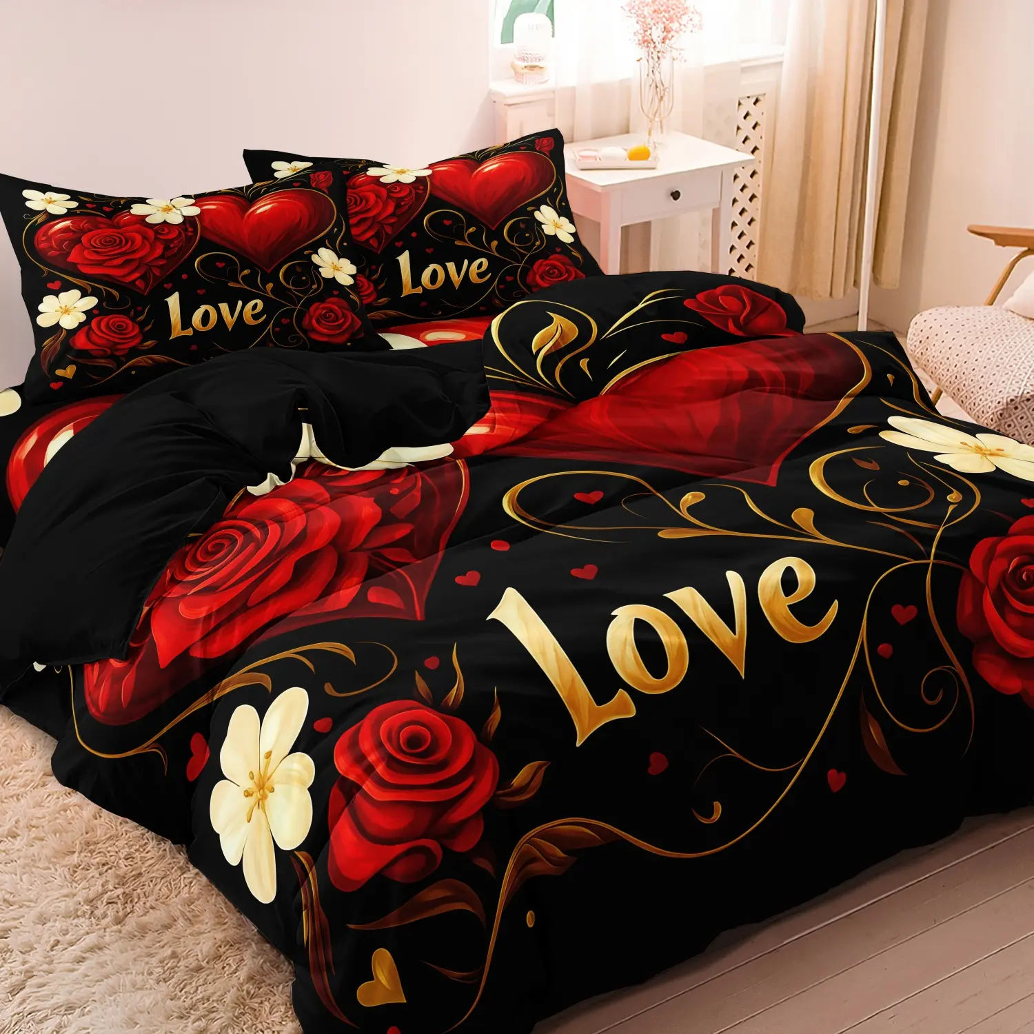 3pcs Set Deep Red Rose Love Heart Rose Design Duvet Cover Set, Print Bedding Set, Suitable For Bedroom, Hotel, Inn, School Dormitory, Holiday Gifts, Decorative Bedding Set, Floral Bedding Sets (1*Duvet Cover + 2 Pillowcases)