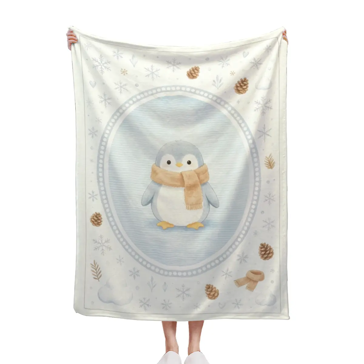Cute Penguin Snowflake Winter Blanket Light Blue Vintage Frame Soft Fleece Throw Blanket Cold Season Decor