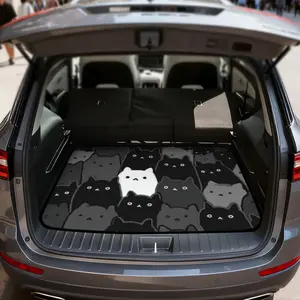 One Piece of Cargo Mat for Car Trunks Featuring a White Cat Design on a Black Background, Suitable for Suvs, Sedans, Or Vans. Perfect for Family Trips, Pet Transportation, School Items, And Maintaining Cleanliness in Your Vehicle