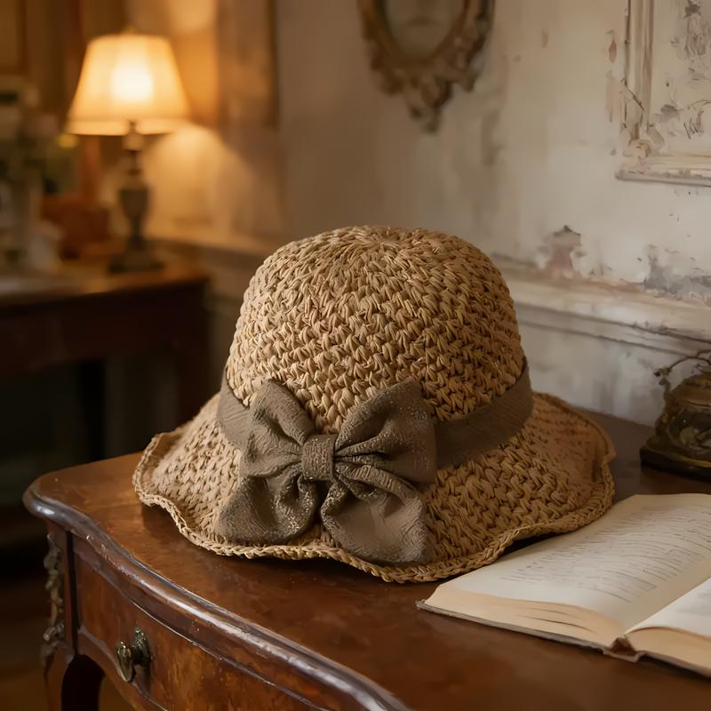 Vintage Woven Handmade Straw Hat with Ruffle Bow, Elegant French Style Sun Hat, Foldable & Breathable Beach Hat for Travel & Outdoor