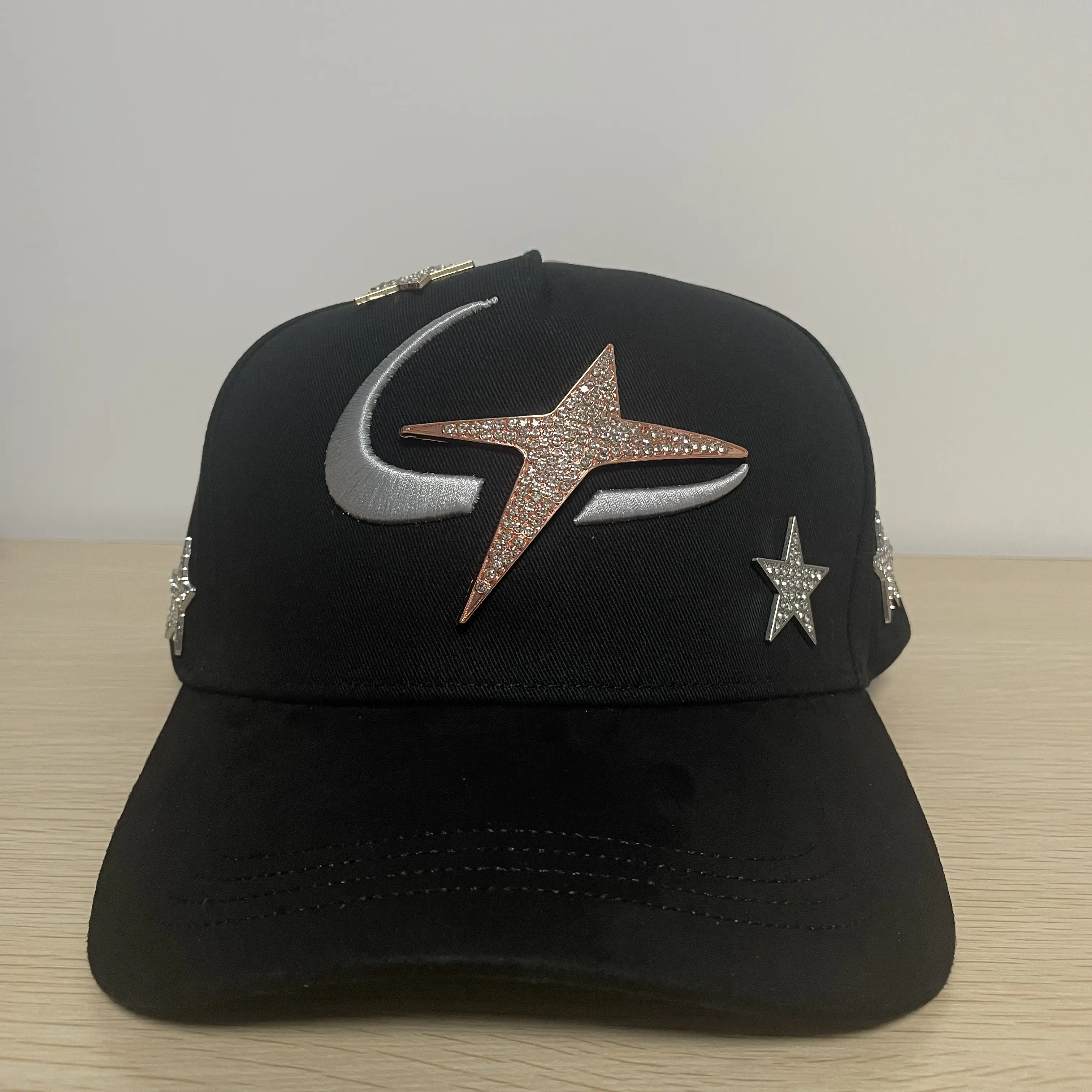Black Twill Structured Cap, Bling Crystal 4-Pointed Star Logo Silver Stitch Decor Luxury Urban Fashion Headwear