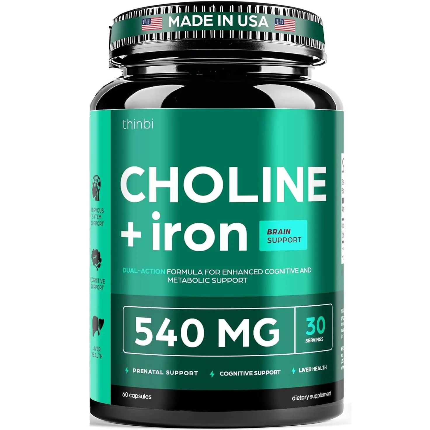 Thinbi Choline Prenatal Supplement with Iron – Prenatal Vitamins for Women – Pregnancy Brain, Memory & Cognitive Support – Ferrous Fumarate, Vegan – 30 Servings