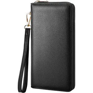 Women's Vegan Leather Clutch Wallet with Zip, Hand Strap, Large Capacity